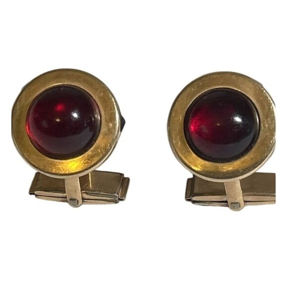 Vintage Cufflinks 12K Gold-Filled With Red Glass Cabochon Inserts - Picture 1 of 3